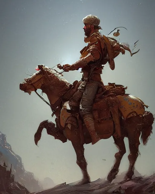 Image similar to a highly detailed epic cinematic concept art CG render digital painting artwork: Tatar traditional hero with a laptop on a horse. By Greg Rutkowski, in the style of Francis Bacon and Syd Mead and Norman Rockwell and Beksinski, open ceiling, highly detailed, painted by Francis Bacon and Edward Hopper, painted by James Gilleard, surrealism, airbrush, Ilya Kuvshinov, WLOP, Stanley Artgerm, very coherent, triadic color scheme, art by Takato Yamamoto and James Jean