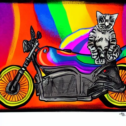 Image similar to wide angle full body, jacket wearing fluffy cute rainbow kitten wearing a black leather motorcycle jacket, riding on a motorcycle, cinematic concept art