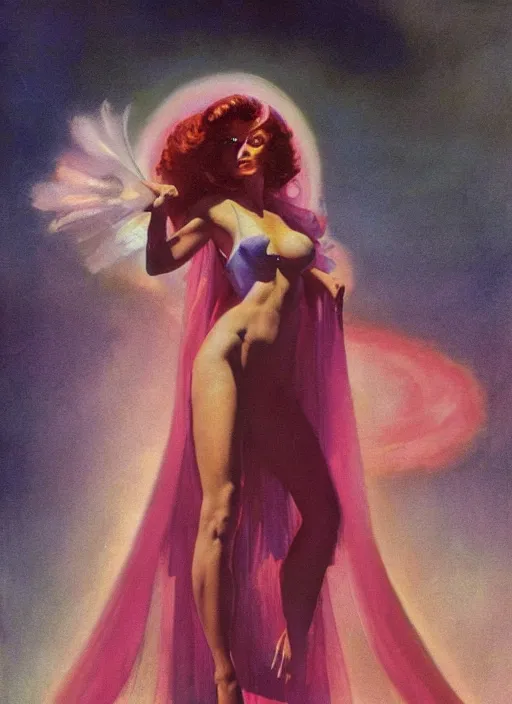 Image similar to portrait of plump sorceress of the moon, pink robe and veil, lightning halo, strong line, muted color, beautiful! coherent! by frank frazetta, by boris vallejo