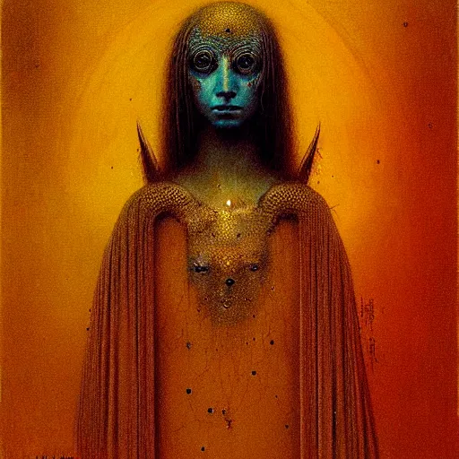 Image similar to portrait of ethereal young crow princess in golden armour by Beksinski