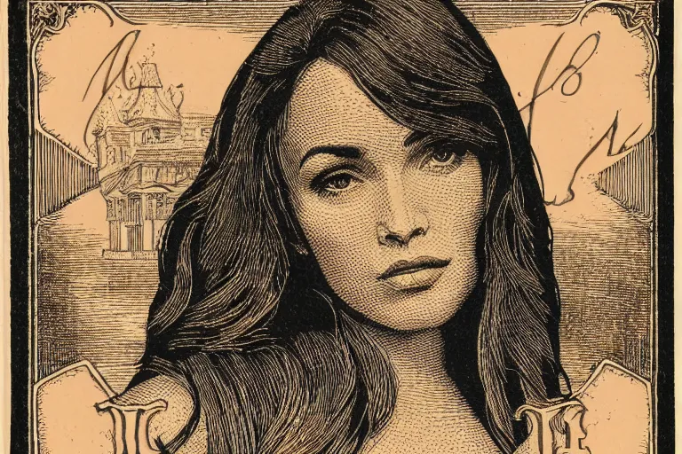 Image similar to An engraved portrait of Megan Fox , detailed!!! copper-plate engraving in the style of money bills, fine!!! lines, engraved by Alfred Sealey, Bureau of Engraving and Printing