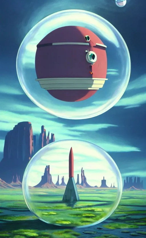 Image similar to a scary hyperrealist painting of a rocketship in a giant transparent square bubble from howl's moving castle ( 2 0 0 4 ) in a flooded monument valley stonehenge jungle. depth perception, 4 k, artstation, in the style of studio ghibli