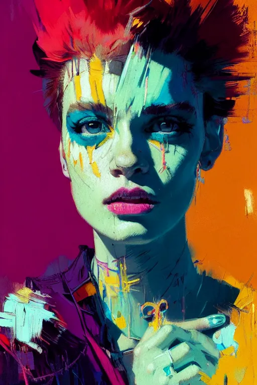 Image similar to portrait of a beautiful punk girl, complementary colors, beautiful face, rule of thirds, intricate outfit, spotlight, by greg rutkowski, by jeremy mann, by francoise nielly, by van gogh, digital painting