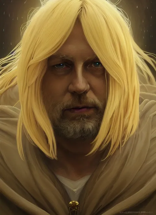 Prompt: Portrait of Clive Palmer, blonde shaggy hair, cloak, ethereal wings, fantasy, extremely detailed, digital painting, artstation, concept art, smooth, sharp focus, illustration, stunning lighting, art by artgerm and greg rutkowski and alphonse mucha and simon stalenhag, realistic character concept, high fantasy, light atmosphere, golden ratio, cinematic lighting, hyperdetailed, high resolution, insanely detailed and intricate, artstation, Marc Simonetti, Greg Rutkowski, 8k