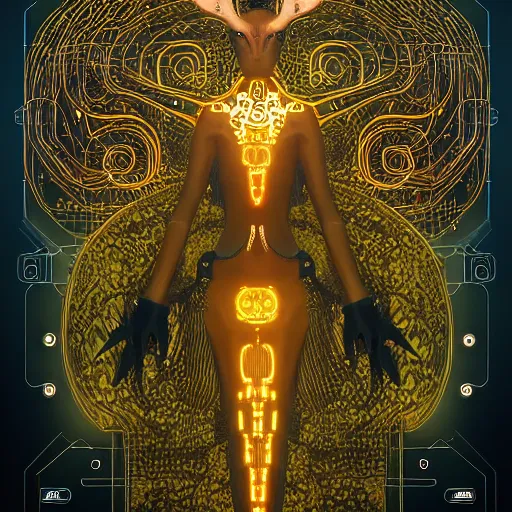 Image similar to a stylized minimalist horneded cybernetic demon, circuitry, klimt, royo, behance, global illumination