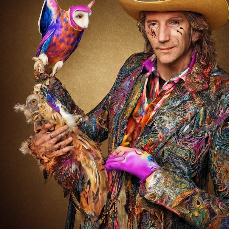 Prompt: high fashion photoshoot octane render portrait by wayne barlow and carlo crivelli and glenn fabry, a distinguished psychedelic cowboy wearing a colorful wes anderson designed cowboy costume and holding a barn owl inside a high - end exotic colorful pastel vintage boutique hotel lounge, very short depth of field, bokeh