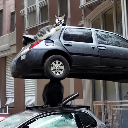 Prompt: a cat over a car in downtown los angeles