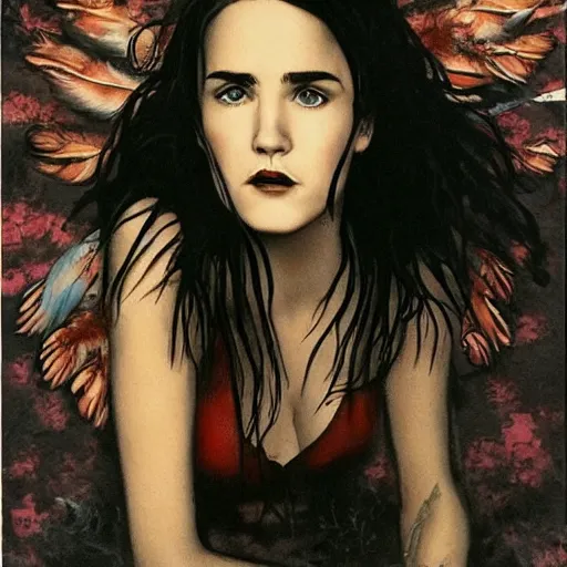 Image similar to young innocent jennifer connelly as innocent gothic beauty with black feathers instead of hair, eyes closed, sad, feathers growing out of skin, in feminine bedroom full of collectible dolls, romantic, comic book cover, vivid, beautiful, illustration, highly detailed, rough paper, dark, oil painting