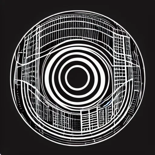 Image similar to a perfect circle, the outer edge of the circle is hugged by the silhouette of a city skyline, black and white, minimalist, in the style of a line drawing