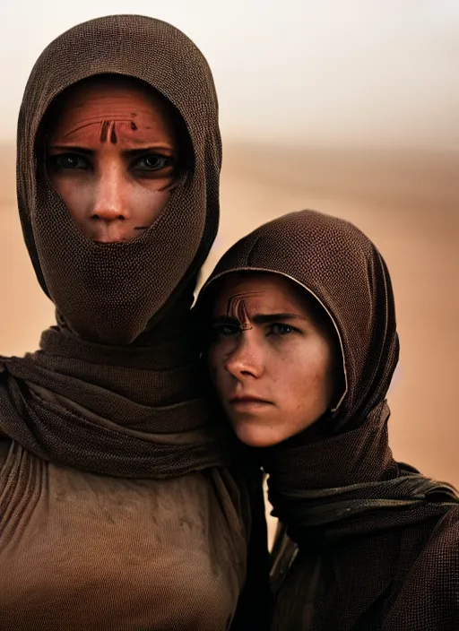 Prompt: cinestill 5 0 d candid photographic portrait by steve mccurry of two loving female androids wearing rugged black mesh techwear on a desolate plain, extreme closeup, modern cyberpunk, dust storm, 8 k, hd, high resolution, 3 5 mm, f / 3 2, ultra realistic faces, ex machina