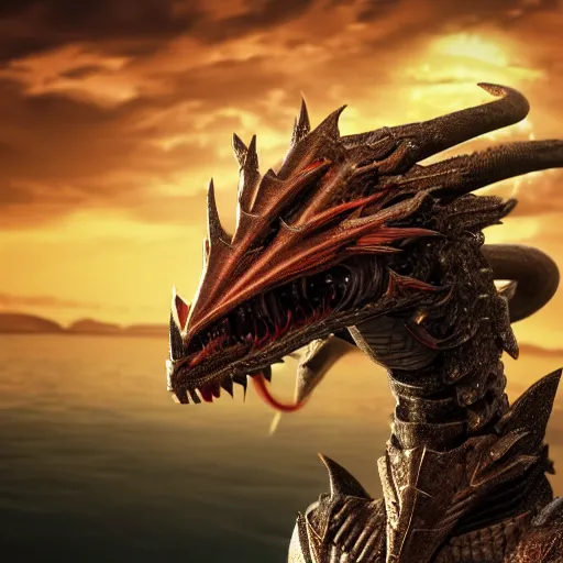 Image similar to a highly detailed close up of a beautiful majestic anthropomorphic robot female dragon, with smooth and streamlined mechanical armor, standing and posing elegantly on a beach, well detailed head with eyes and a maw, with sharp claws on her hands and feet, two arms, two legs, long tail, artstation, DeviantArt, professional, octane render, sunset lighting