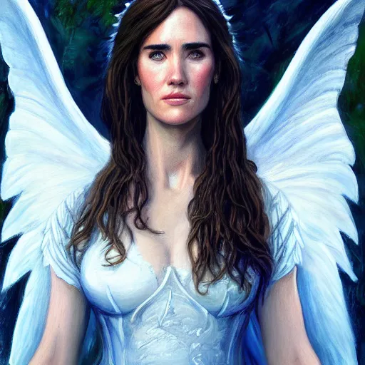 Image similar to A beautiful detailed painting of jennifer connelly as a female angel warrior in a magical forest by john sargent and Kalin Popov , Trending on artstation HD.