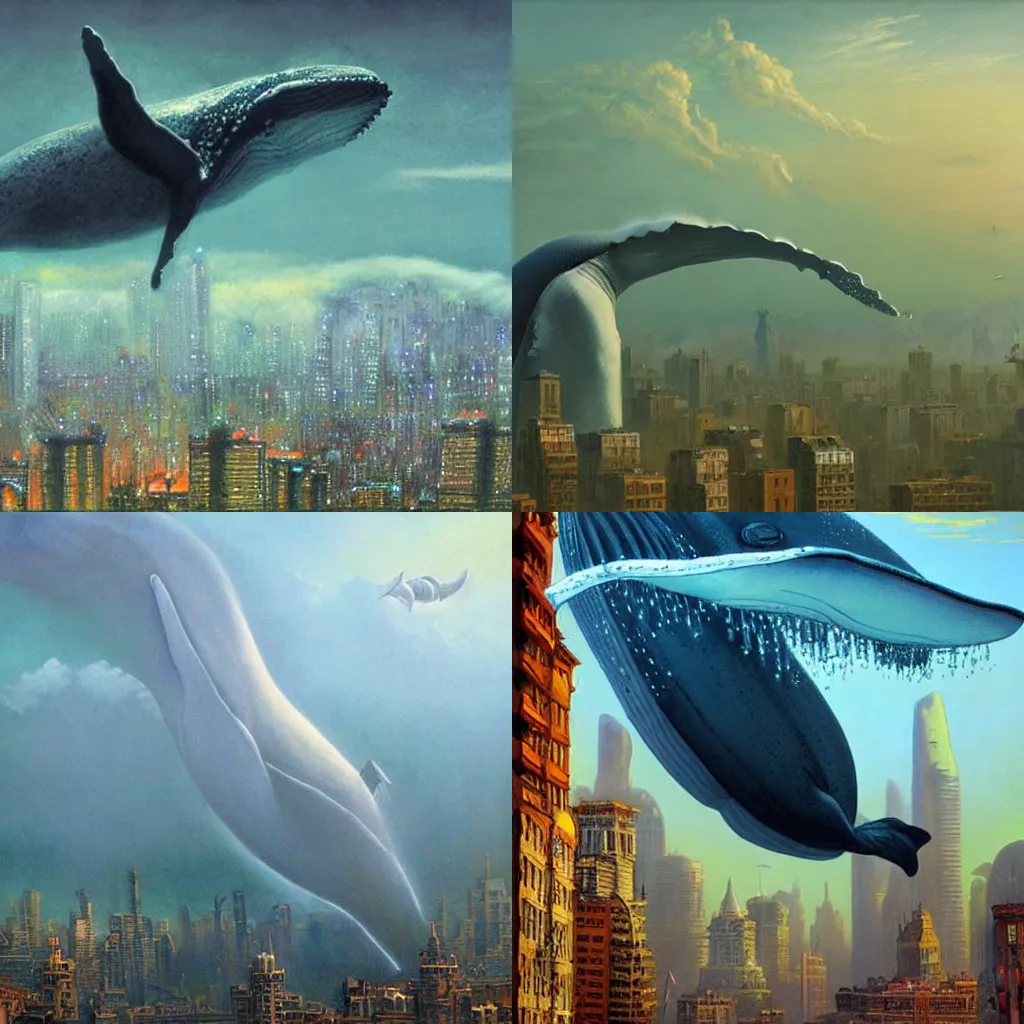 Prompt: giant whale floating in the sky, green smog, city below, steampunk, vibrant lighting, art by james gurney