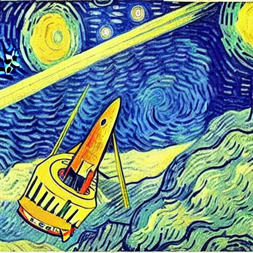 Image similar to a painting of a space ship launching by van gogh