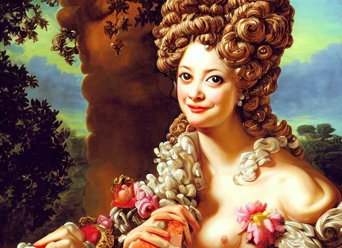 Prompt: baroque rococo painting woman covered in frosting portrait Greg Hildebrandt high detail fancy cake
