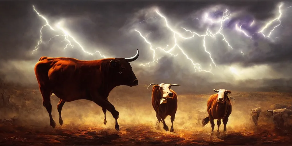 Image similar to Mark Magiori oil painting of a cowboy watching a bull get abducted by aliens, supercell thunder cloud, extremely beautiful, amazing painting, HD, 8K, very detailed, photorealistic, hyperrealism