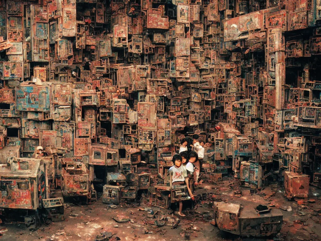 Image similar to closeup 1 9 8 8 photo of : inside the labyrinthine “ kowloon walled city ”, children are playing colorful video games in a narrow cramped dense indoor arcade. the arcade is full of industrial machinery, and is tattered and dirty. full - color professional journalistic photography from “ time ” magazine.