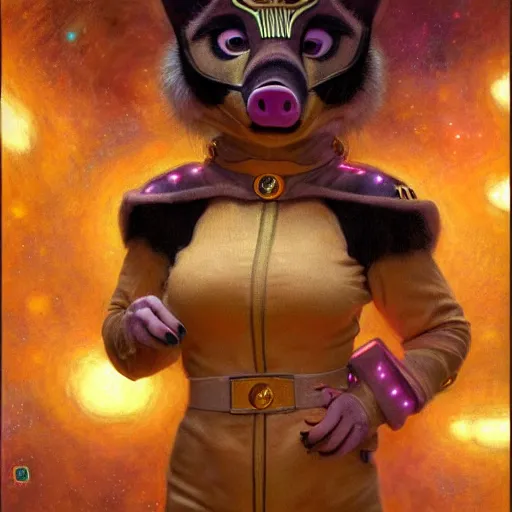 Prompt: a female pig cheetahwoman in starfleet uniform at night in a dark forest. zootopia fursona furaffinity furry art detailed face painting by gaston bussiere craig mullins jc leyendecker gustav klimt artgerm greg rutkowski furry