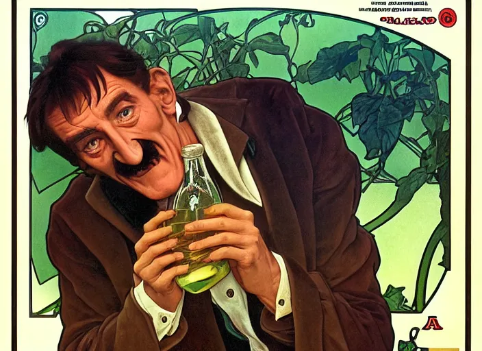 Image similar to barry chuckle drinking a bottle of snake oil, snake oil advertisement from 1 9 8 8, artwork by alphonse mucha and richard corben, 3 d, high resolution 8 k