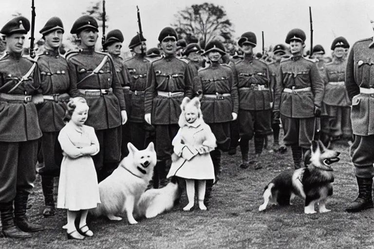 Prompt: ultra wide 1 9 4 6 historical far away photo of young queen elizabeth and her corgi army accepting the surrender of the german army, highly detailed