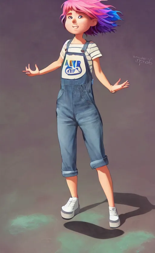 Prompt: a pixar alt girl with rainbow hair, drunk, angry, soft eyes and narrow chin, dainty figure, long hair straight down, torn overalls, short shorts, combat boots, basic white background, side boob, symmetrical, single person, style of by Jordan Grimmer and greg rutkowski, crisp lines and color,