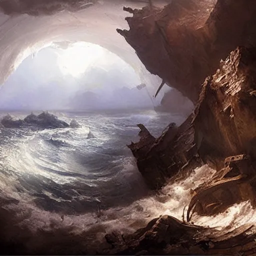 Image similar to an eerie whirlpool, seen from above, in a cavematte painting, fantasy art, by greg rutkowski, by andreas achenbach,