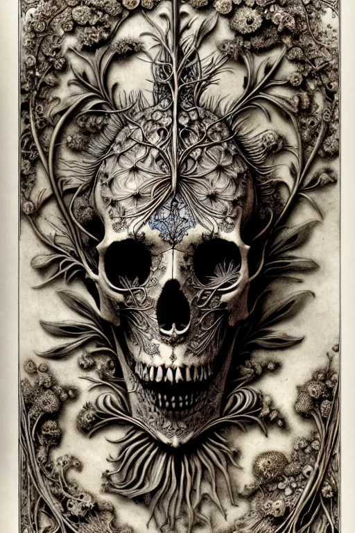 Image similar to art forms of nature by ernst haeckel, memento mori by arthur rackham, ornate antique porcelain beautiful skull mask, ultrasharp, photorealistic, hyperdetailed, octane render, polished, art nouveau, neo - gothic, gothic, intricate ornamental organic filigree, art nouveau botanicals, art forms of nature by ernst haeckel, horizontal symmetry, symbolist, visionary