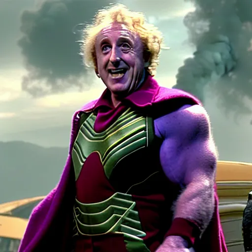 Image similar to film still, gene wilder as thanos in avengers end game, cinematic, epic action