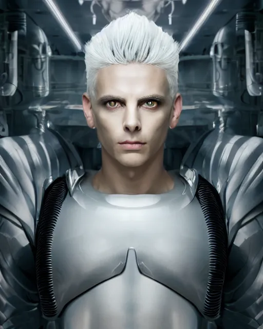 Image similar to perfect white haired egyptian male god, brute, nanosuit armor, beautiful, symmetric, dreamy, half african, black salamander eyes, charlize theron, detailed, scifi platform, laboratory, experiment, 4 k, ultra realistic, epic lighting, android body, illuminated, cinematic, masterpiece, art by akihito tsukushi, voidstar