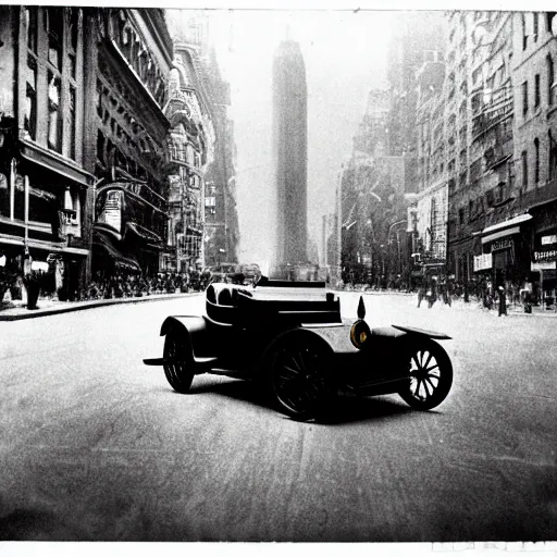 Prompt: old black and white photo, 1 9 1 3, depicting batman's car from dark knight rampaging through the bustling streets of new york city, rule of thirds, three - point perspective, historical record