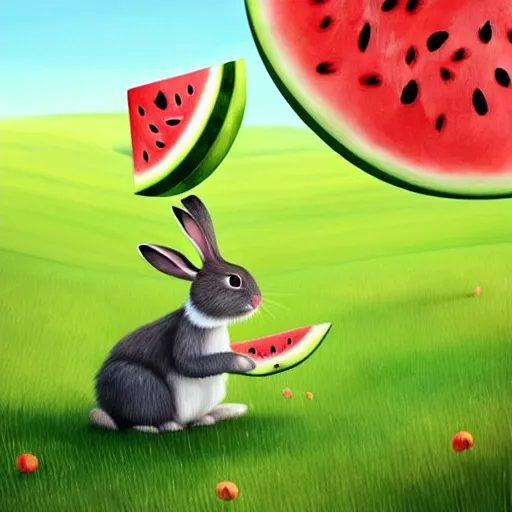 Image similar to a cute rabbit eating watermelon on the green meadow, a storybook illustration by goro fujita