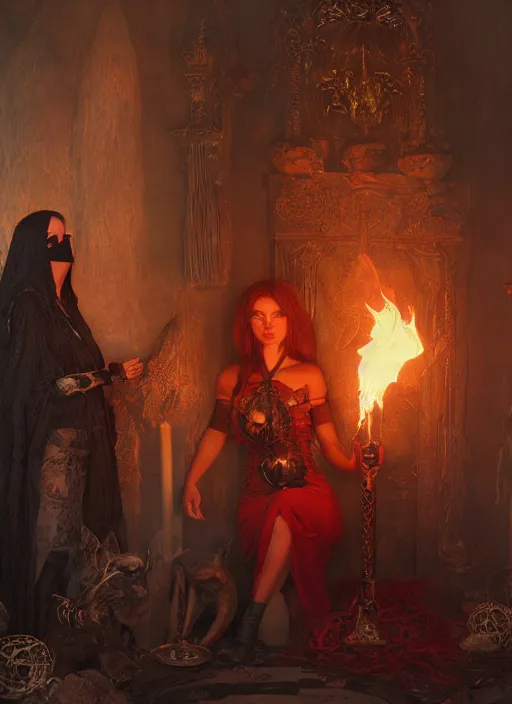 Prompt: masked firestarter inside covens den, intricate wiccan scene detailing, hyperdetailed fire, photorealistic, diffuse lighting, hdrp, artstation, unreal 5, smooth, textless, sharp focus, art by john collier, albert aublet, krenz cushart, artem demura, alphonse mucha