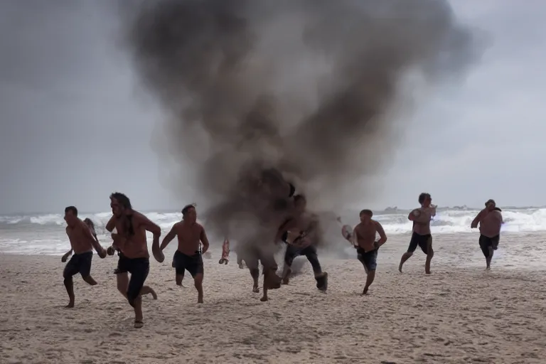 Image similar to portrait pirate crew running down beach as pirate ship fires canons, sand explosion 8 5 mm by emmanuel lubezki