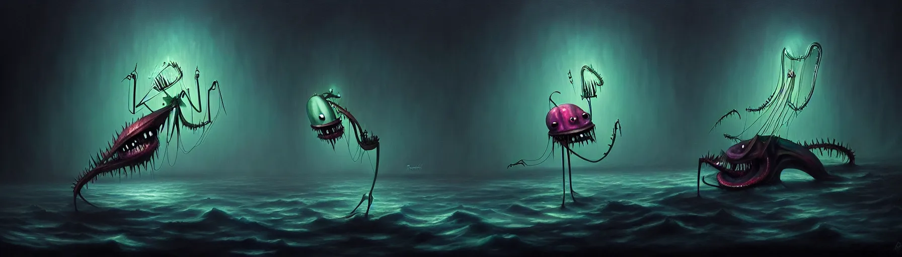 Image similar to strange whimsical demon plankton from the depths of the collective unconscious, dramatic lighting, detailed and atmospheric surreal painting by ronny khalil