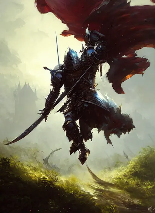 Image similar to 4k knight dodging an attack in a fantasy setting, art by greg rutkowski, art by craig mullins, art by thomas kincade, art by Yoshitaka Amano