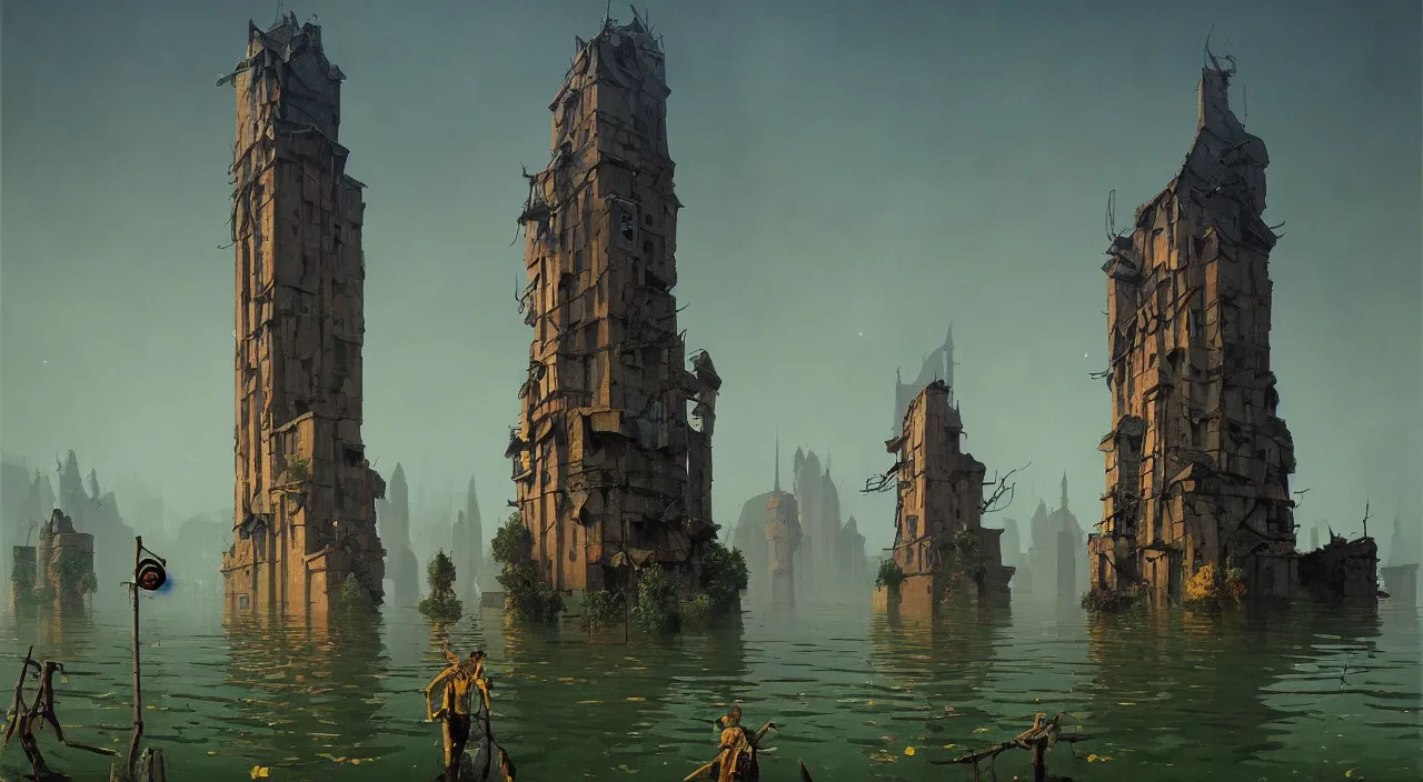 Prompt: a high contrast painting of a flooded primitive tower by simon stalenhag jim burns carl spitzweg rene magritte, full-length view, highly detailed, vibrant colors, extremely high contrast!, symmetry, great composition, high detail, cinematic lighting, award winning masterpiece, trending on artstation