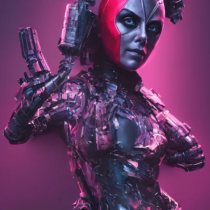 Image similar to charlize theron as lady deadpool. intricate abstract. intricate artwork. by tooth wu, wlop, beeple, dan mumford. octane render, trending on artstation, greg rutkowski very coherent symmetrical artwork. cinematic, hyper realism, high detail, octane render, 8 k, iridescent accents
