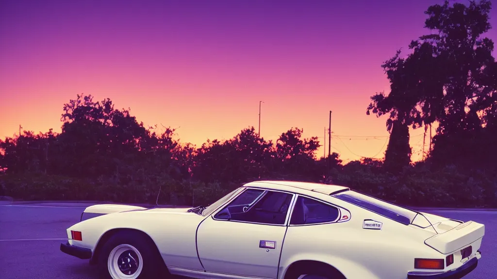 Image similar to neon synthwave 1 9 7 5 datsun 2 6 0 z at sunset, 8 k. filling of the view