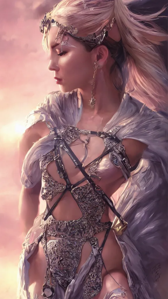 Image similar to Athletic exotic princess woman, modern body combat harness straps, robes, platinum jewellery, painted illustration poster, collage, intricate, elegant, highly detailed, digital painting, artstation, concept art, matte, sharp focus, illustration, sunset, specular lighting, art by Noriyoshi Ohrai, by artgerm