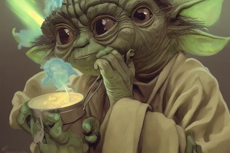 Image similar to Yoda smoking a joint, highly detailed, digital painting, artstation, concept art, smooth, sharp focus, illustration, art by Krenz Cushart and Artem Demura and alphonse mucha