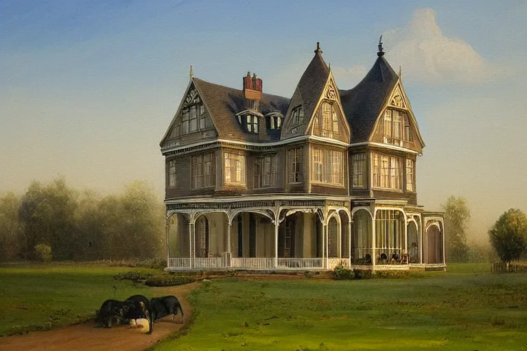 Image similar to a beautiful painting of a victorian house with bay windows, a tower and a greenhouse in the morning, very detailed by samuel and joseph newsom, harry potter