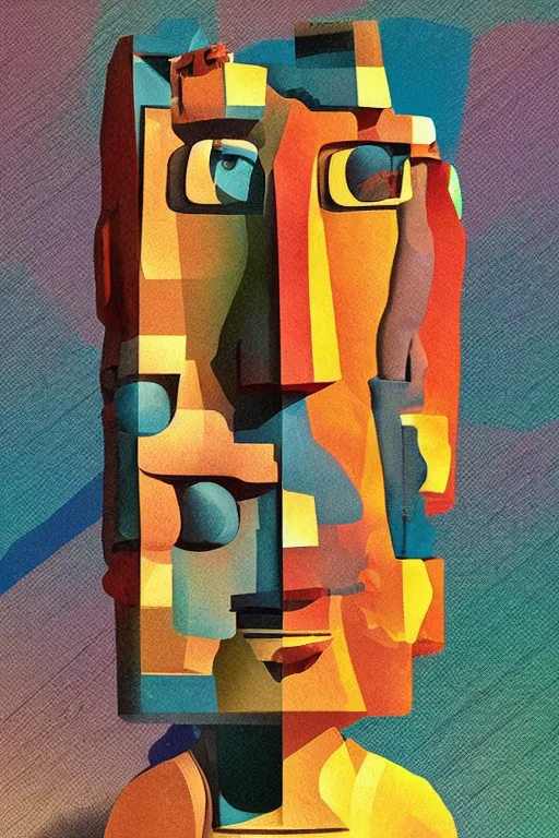 Image similar to cubist moai statue cutout digital illustration cartoon colorful beeple