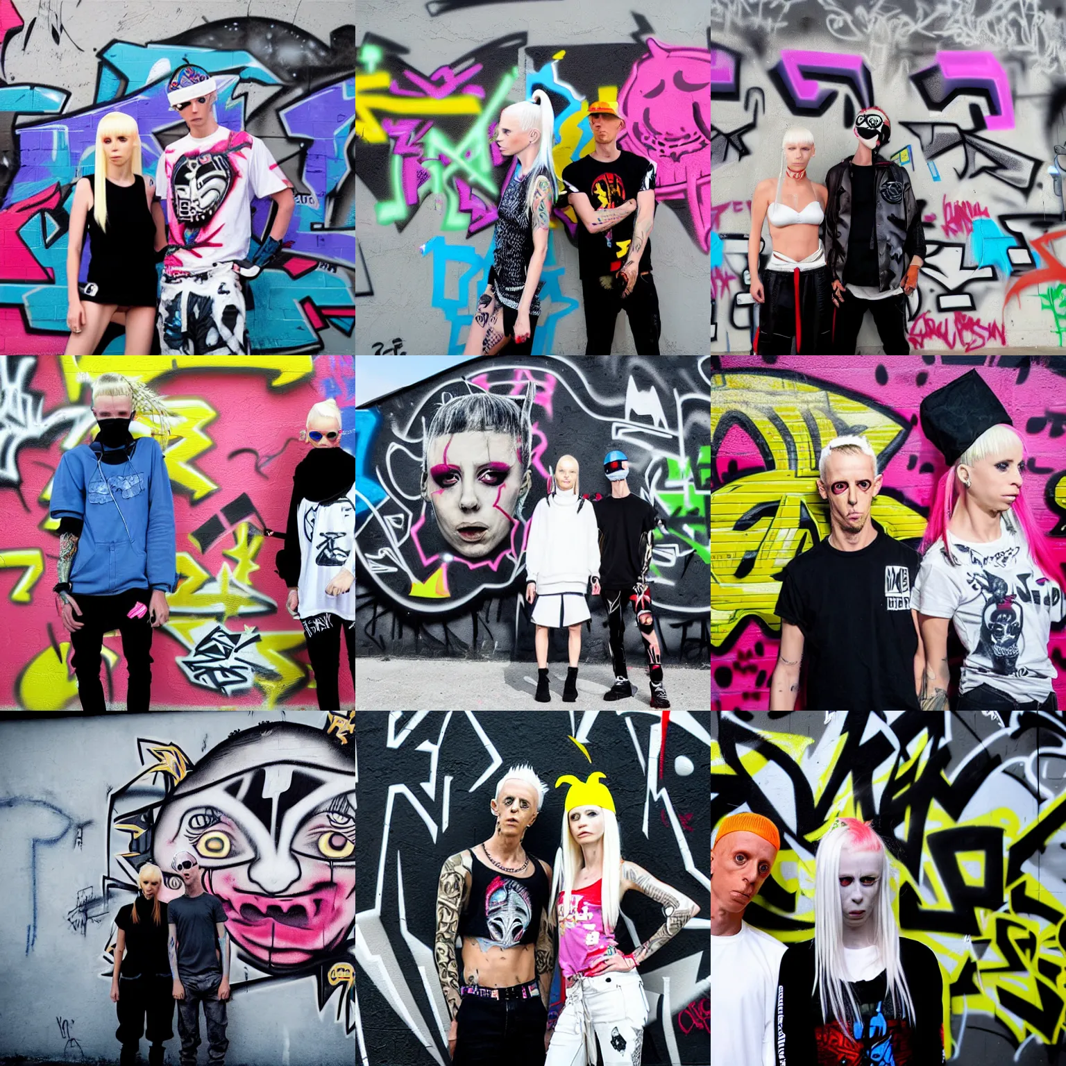 Prompt: antwoord ninja and yolandi visser standing in front of a graffiti wall