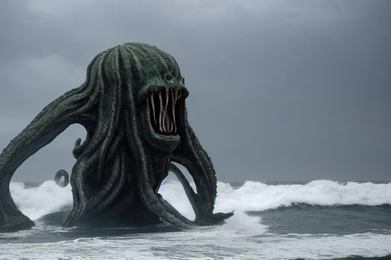 Prompt: giant VFX movie of cthulhu rising out of the ocean in Malibu, towering over, 14mm morning natural light by Emmanuel Lubezki