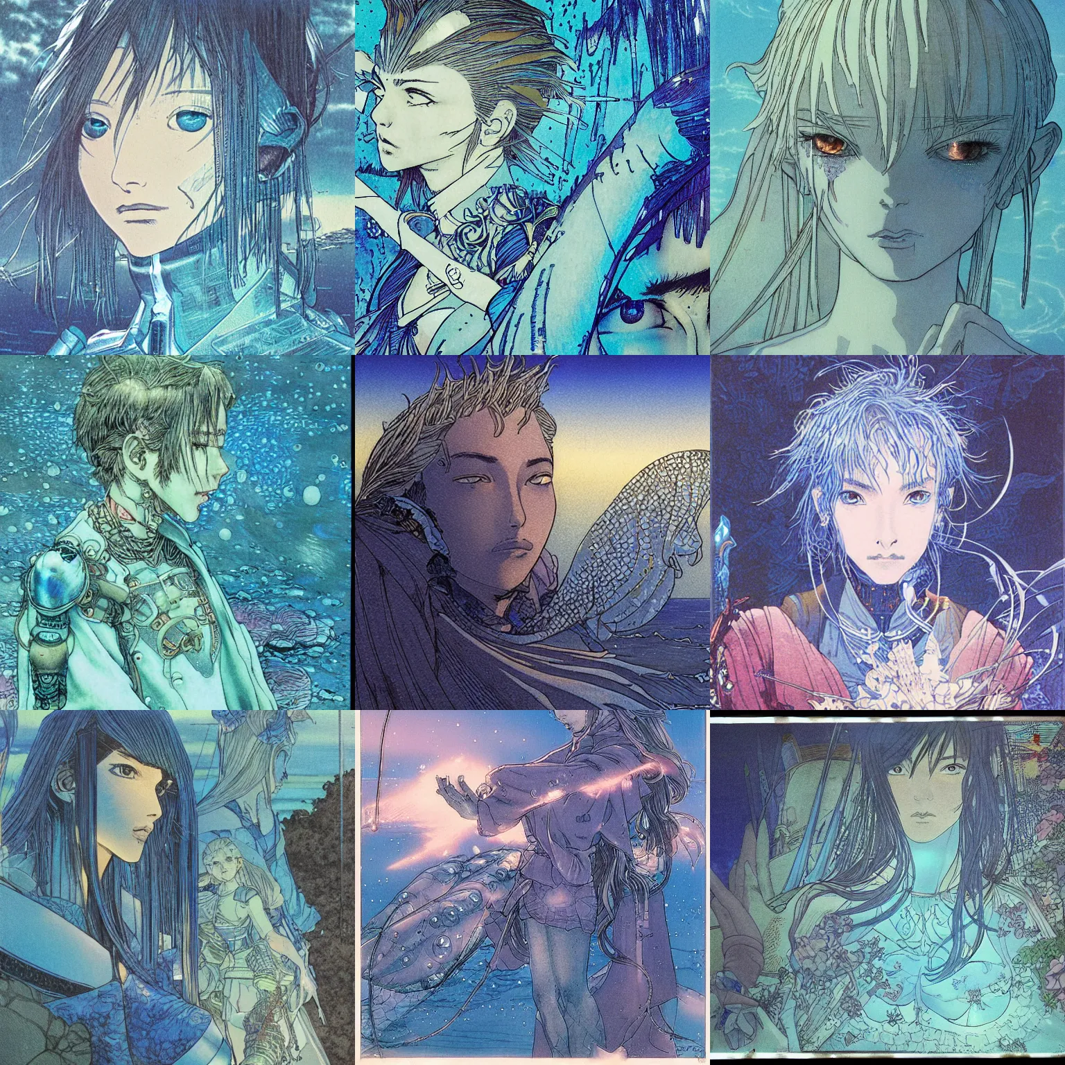 Prompt: closeup fantasy with water magic, at gentle dawn blue light, by katsuya terada