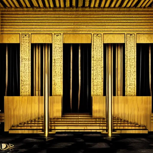 Image similar to art deco black and gold courtroom, sinister, dark, oppressive, low angle