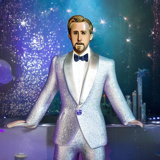 Prompt: Ryan Gosling with silver-violet hair, white eyes inflated press and golden glittery dress, wide lens, diorama, 4k,