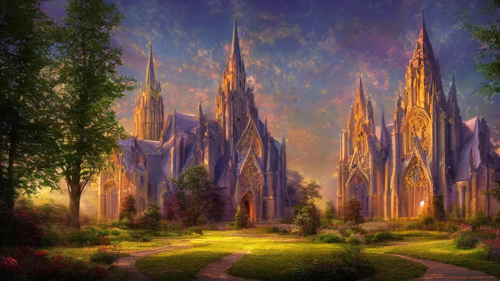 Prompt: Beautiful Catholic cathedral in the woods” Beautiful Dreamscape, Digital art, concept art, detailed, lovely colors, Art station,3-D 4K, beautiful background, matte painting, Thomas Kinkade,