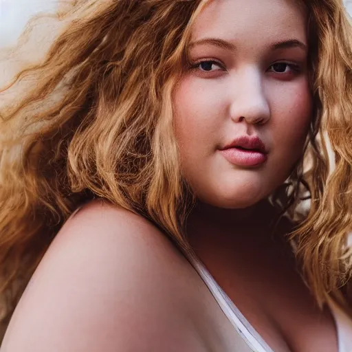 Prompt: a portrait photograph of a curvy, radiant, bubbly, 2 5 - year - old canadian plus - size model, strawberry - blond hair, creamy skin, portrait canon 8 5 mm f 1. 2 photograph head and shoulders portrait