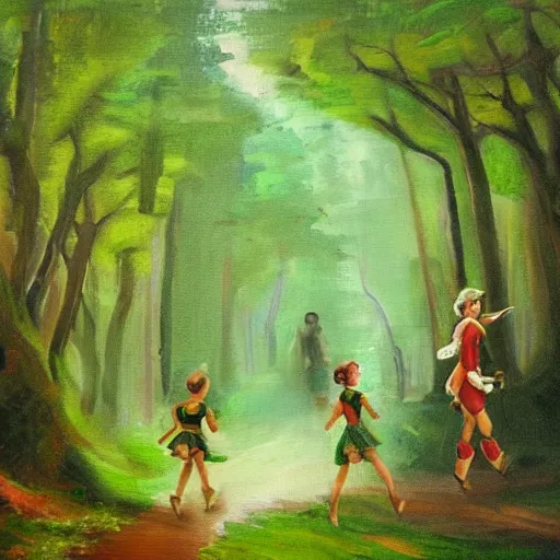 Prompt: an oil painting of an elf, a dwarf and a human running through a green forest